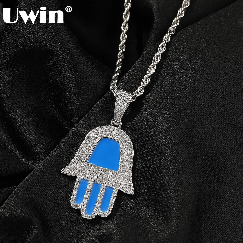 

UWIN Hamsa Hand Pendent Necklace Blue Enamel Silver Color Hand Charms for Women Fashion Hip Hop Jewelry for Drop Shipping