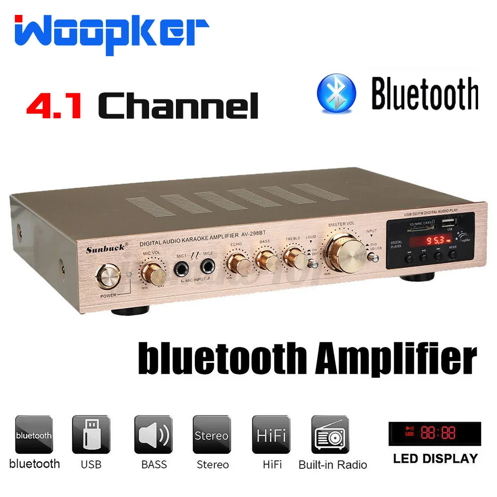

Усилитель мощности Woopker 2200 Вт Bluetooth 4,1 каналов HiFi стерео динамик усилитель Поддержка FM радио микрофон USB SD карта 110/220 В
