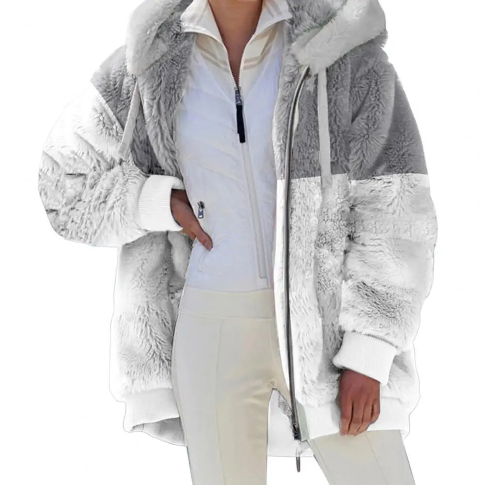 

Women Zip Up Patchwork Coat Hooded Warm Plush Elastic Hem Jacket Winter Daily Outdoor Clothes