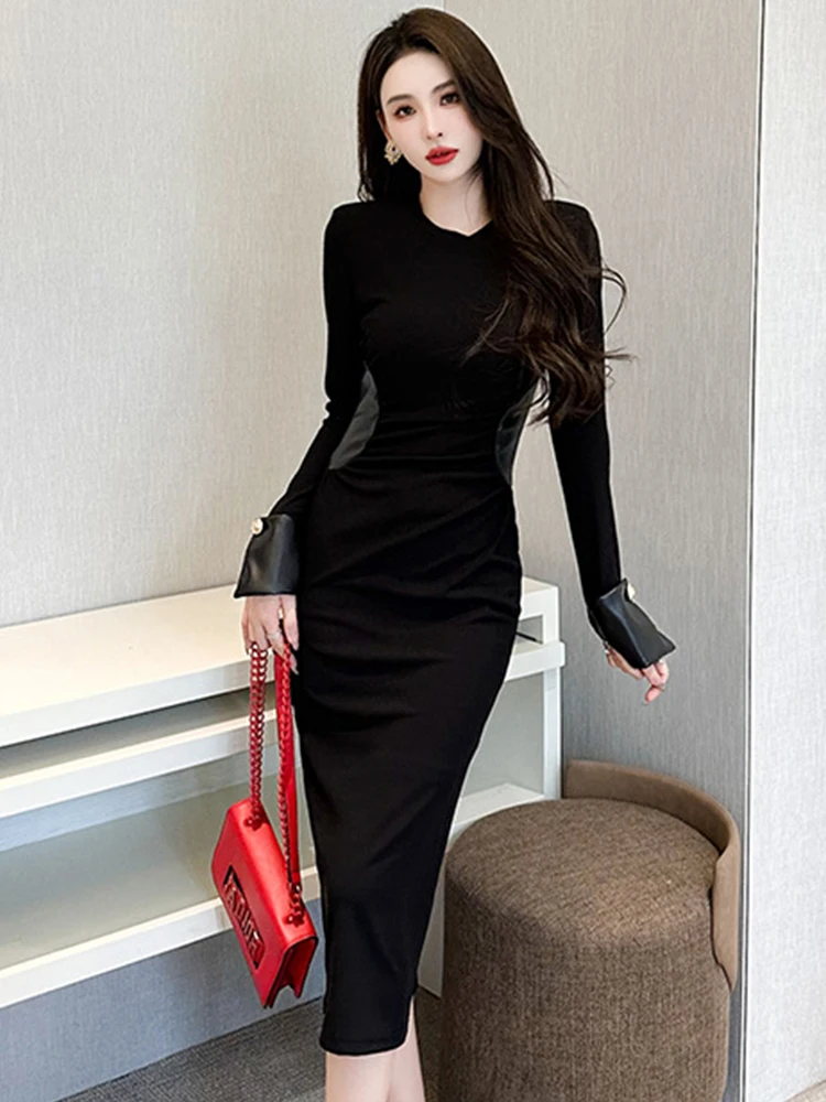 

Женское платье-макси из экокожи, черное облегающее платье составного кроя с длинным рукавом, вечернее платье, весна 2023