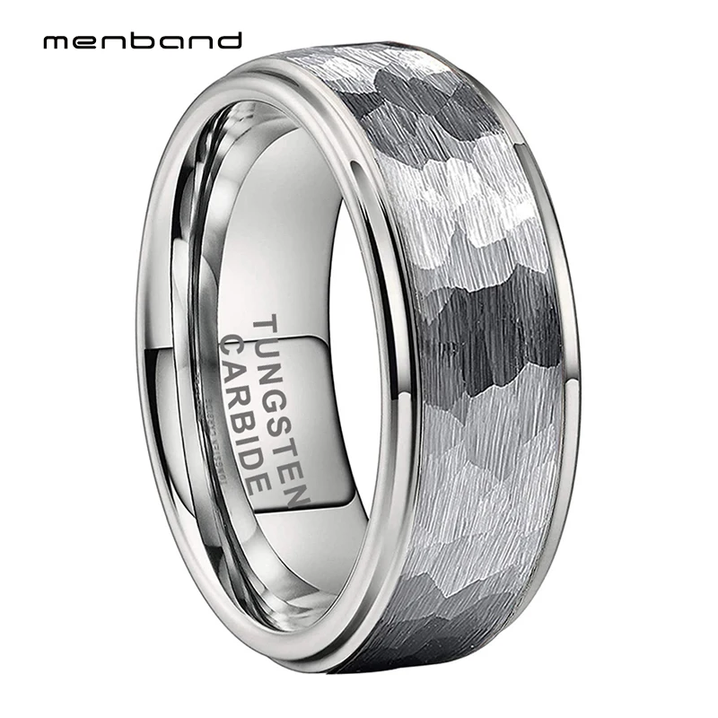 

6MM 8MM Tungsten Carbide Ring For Men Women Wedding Band Stepped Edges Multifaceted Hammered Brushed Finish Comfort Fit