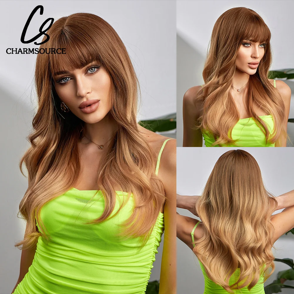 Ombre Brown to Blonde Synthetic Wigs with Neat Bangs Long Natural Wave Hair for Women Heat Resistant Cosplay Party Daily Use