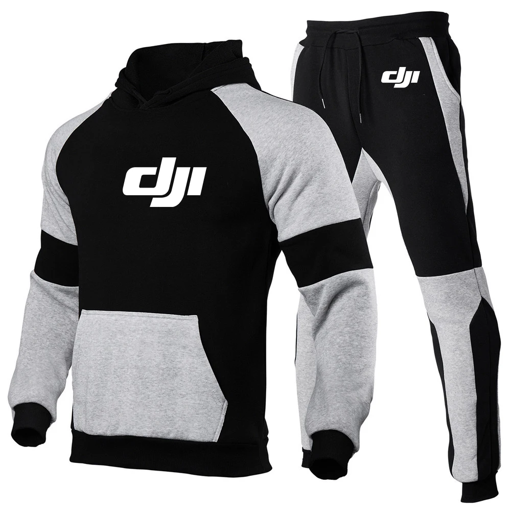 

2022Spring Men's New DJI Professional Pilot Drone Print Autumn Winter Sweatshirt Top Pants Sets Sport High street Tracksuit Suit