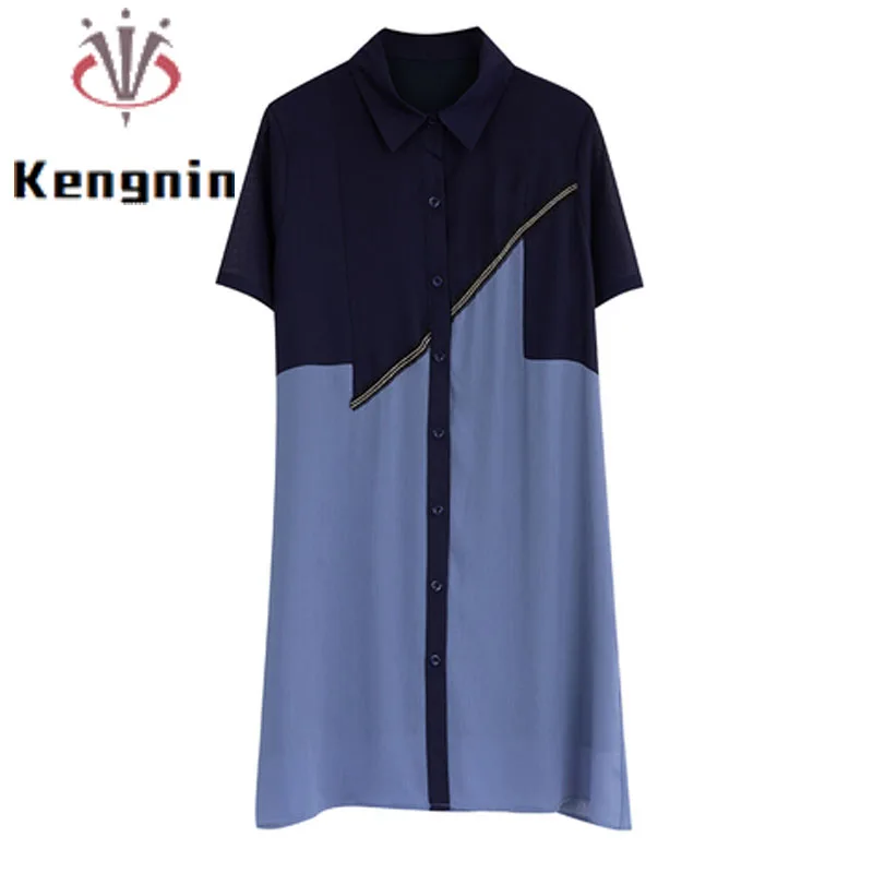 

Chiffon Dress Women 2022 Summer Turn-down Collar Shirt Office Lady Work Vestido Loose Plus Size 5XL Patchwork Robe KE2408
