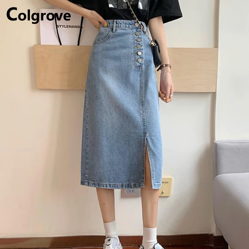 

Женская джинсовая юбка с высокой талией, однобортная, синяя