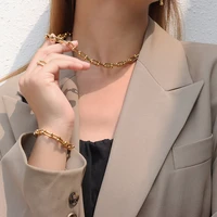 carlidana 3pcsset u shape lock chain choker necklacebraceletearrings for women punk gold color chunky chains link jewelry set