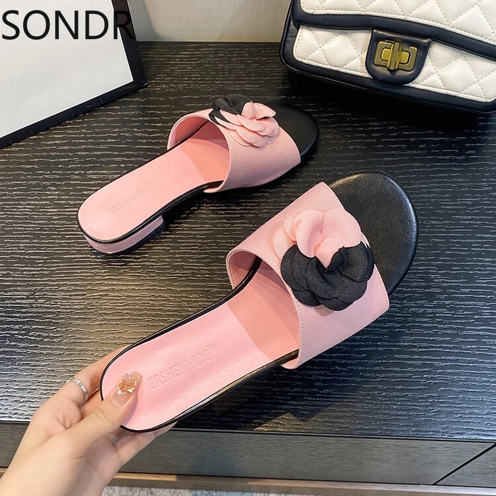 

Womens Camellia Flowers Decor Peep Toe Flip Flop Block Mid Heel Summer Beach Slipper Sandals Shoes Slides Girls