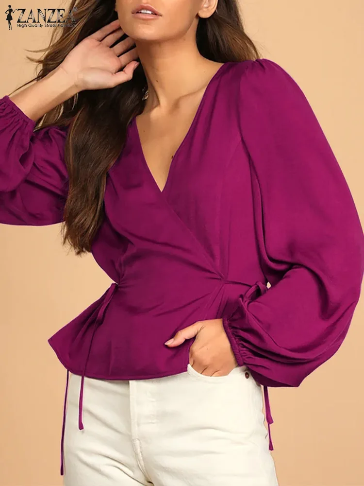 

2022 Spring Long Latern Sleeve Tops Casual Holiday Camisas ZANZEA Fashion V Neck Blusas Baggy Chemise Tunic Elegant Solid Blouse