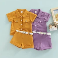 kids baby girls summer clothes set toddler infant fashion solid color short sleeve button shirt and shorts with belt 9m 4t