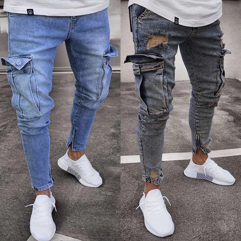 2023 New European and American Popular Elastic Men's Jeans Trend Knee Hole Zipper Leg Trousers Men's High Street Jeans
