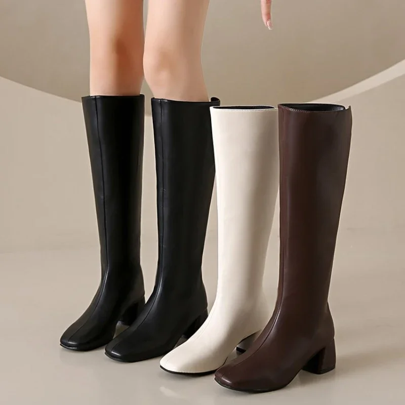 Женские сапоги на молнии высокие до колена толстом высоком каблуке Размеры 35-40