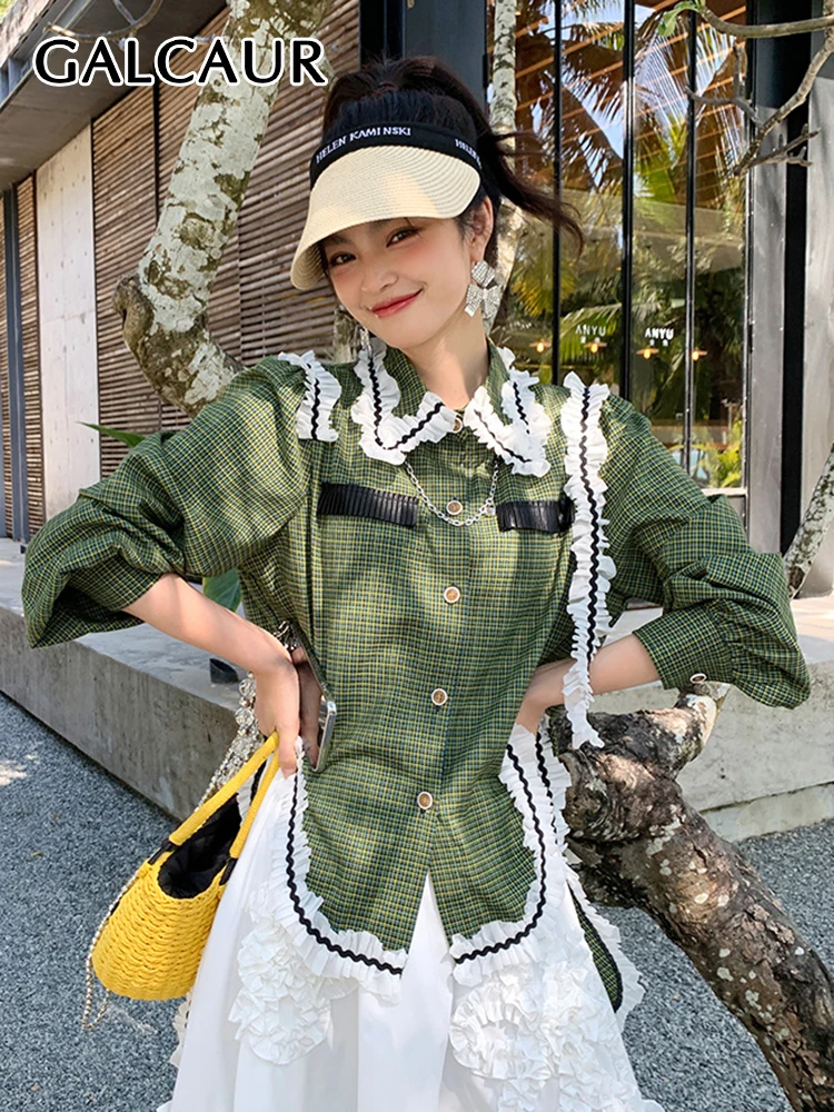 

GALCAUR Gingham Shirt For Women Lapel Long Sleeve Patchwork Colorblock Button Through Blouse Female Fashion Clothing Style New
