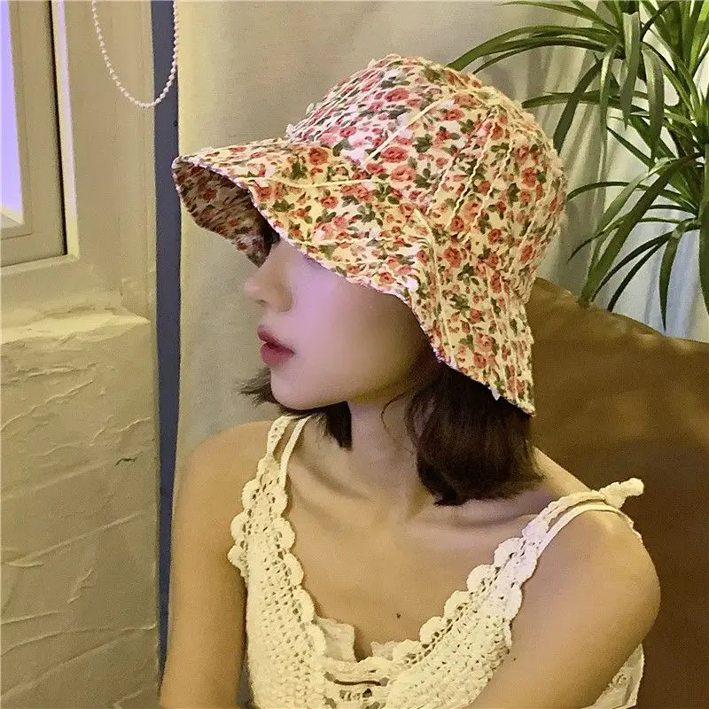 

Small Floral Fisherman Hat Female Travel Sunscreen Sunshade Cool Hat Literature and Art Show Face Small Basin Hat Sun Hat Cap