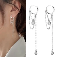 elegant temperament silver color long tassel hoop earring for women cubic zirconia water drop shape earring jewelry gift