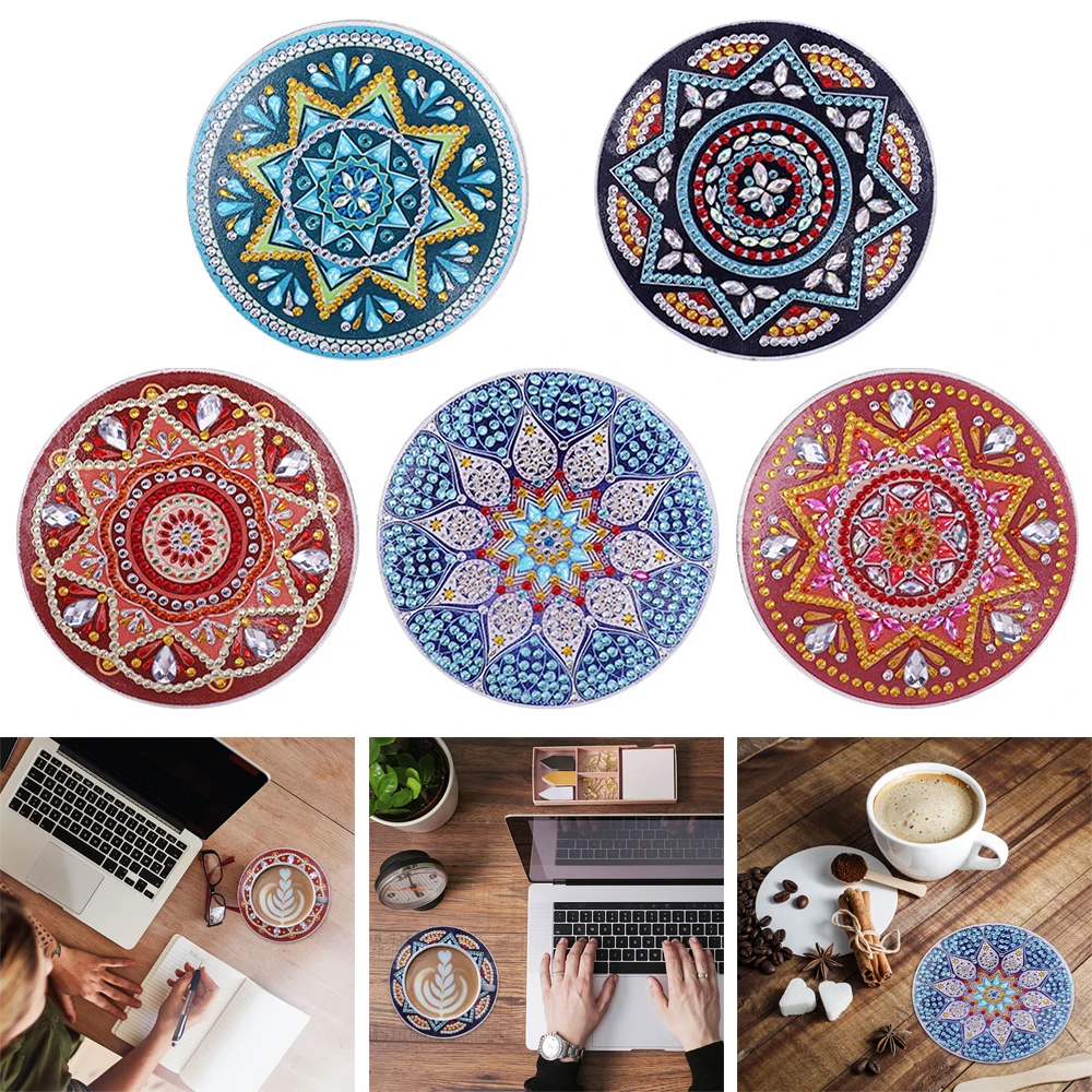 

5pcs DIY Diamond Painting Coaster Mandala Drink Cup Cushion Non-slip Table Placemat Insulation Pad Kitchen Accessories
