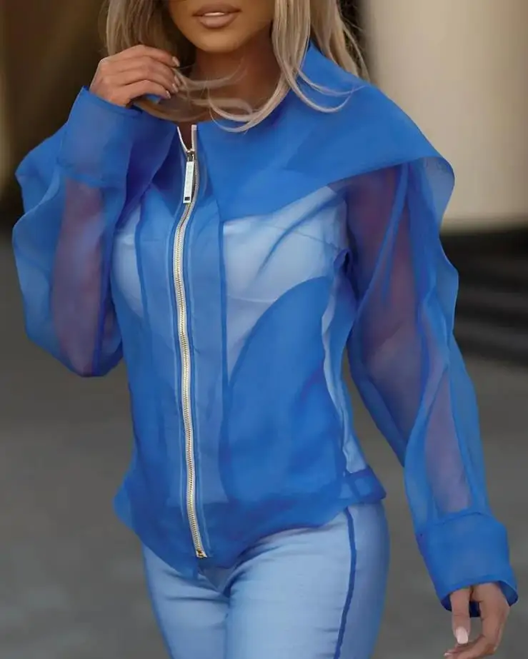 

Women Summer Coat Zipper Sheer Mesh Asymmetrical Neck Transparent Jacket Fashion Sun Protection Clothing Casual Daily Streetwear