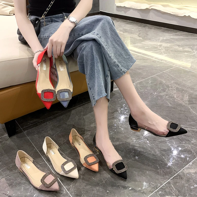 

2023 Sandals Shallow Mouth Slip-on Loafers Summer Women's Buckle Pvc Shoes Suit Female Beige Block Heels Med Large Size New Elas