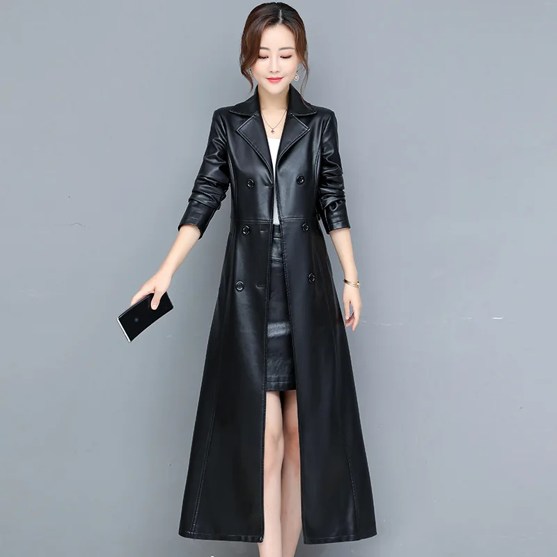 Women's Mid-length Over-the-knee PU Leather Windbreaker Autumn and Winter New Sheepskin Coat enlarge