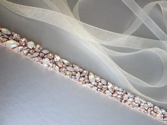 MissRDress-Cinturón de boda con diamantes de imitación, cinturón de boda hecho a mano, Ópalo, oro rosa, JK920