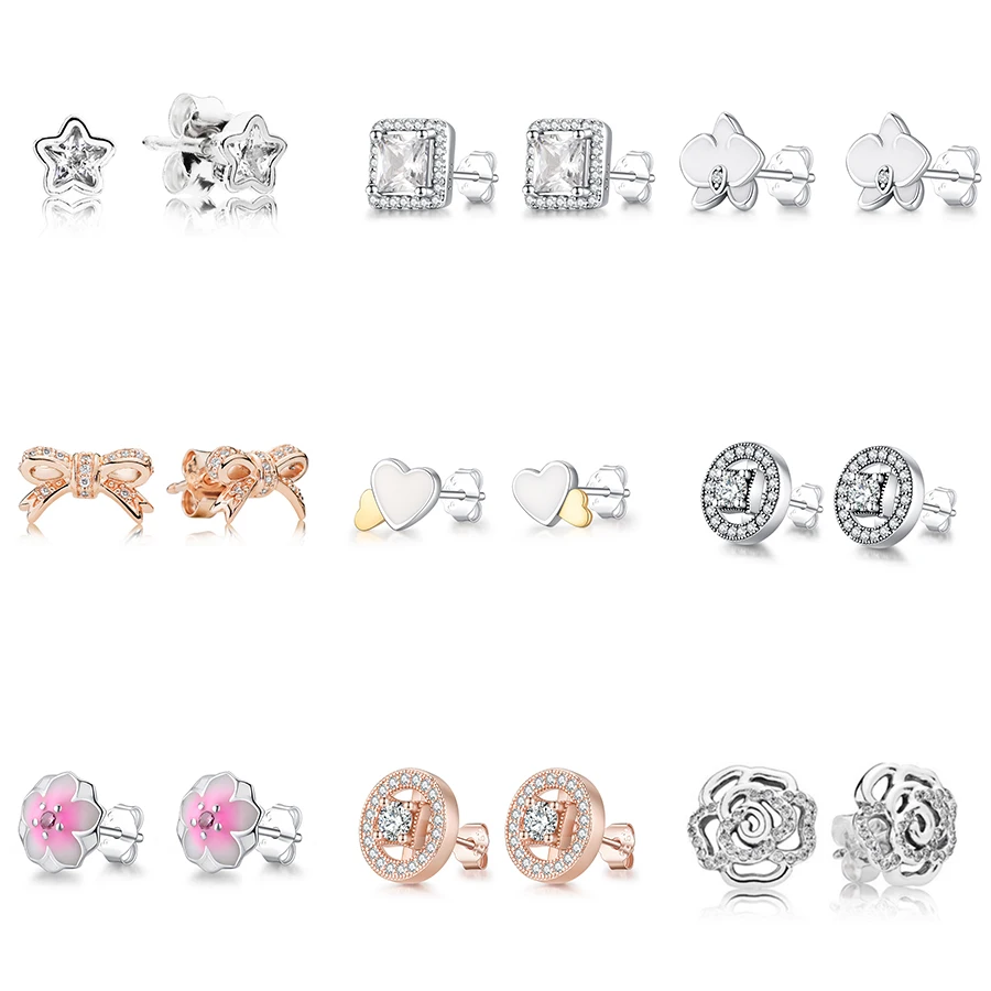 

925 Sterling Silver Earrings Pink Flower Diy Rose Gold Crystal Bowknot Cute Heart Earrings For Women Wedding Party Jewelry