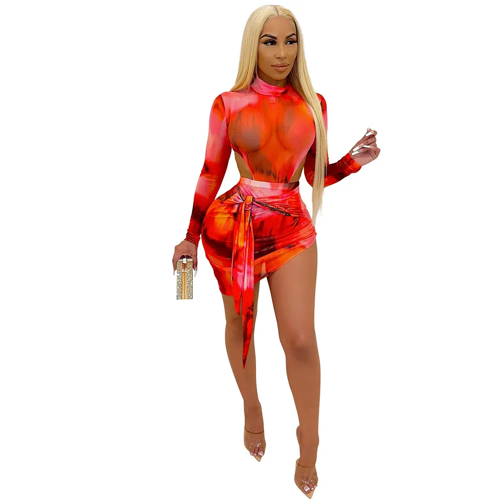 

High Neck Colorful Digital Print Women Waist Belt Women Mini Dresses