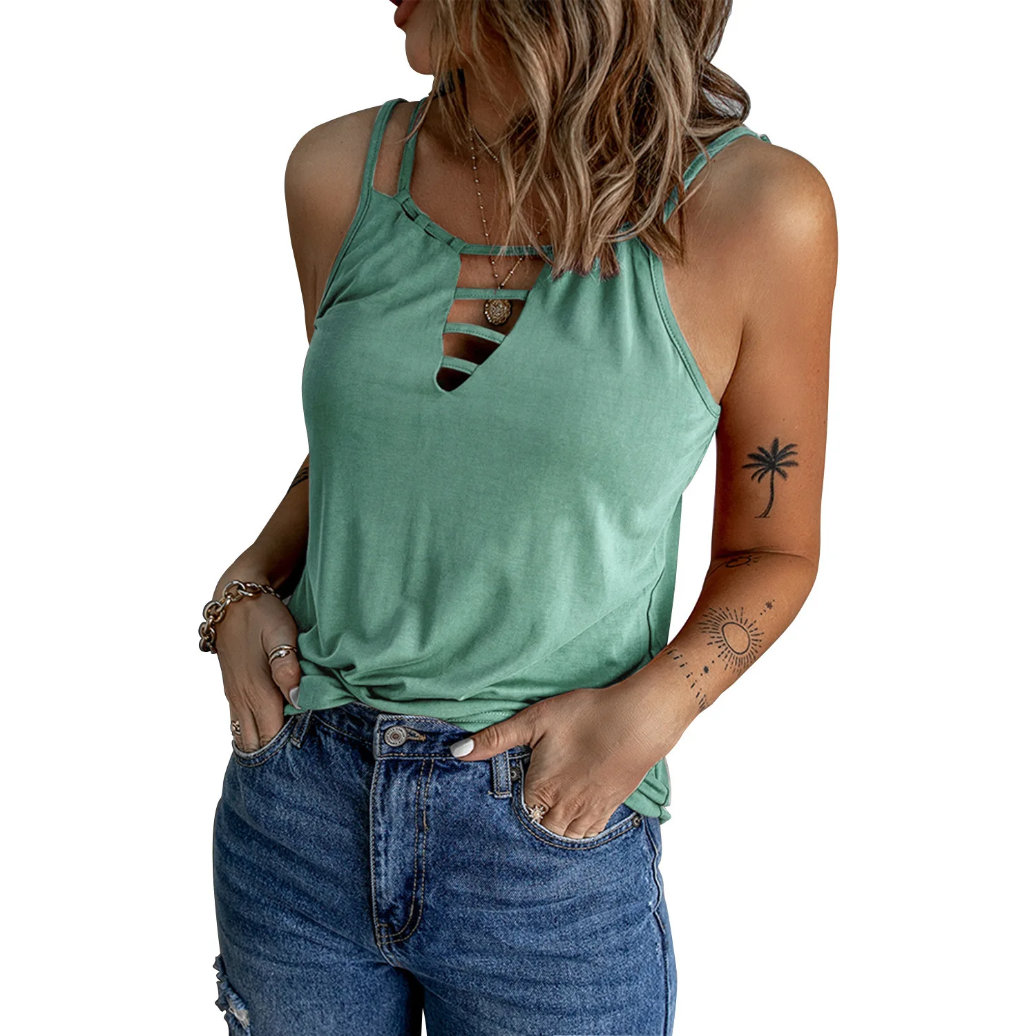 

Women tees Casual strap vest sexy hollow out slim t-shirt tops