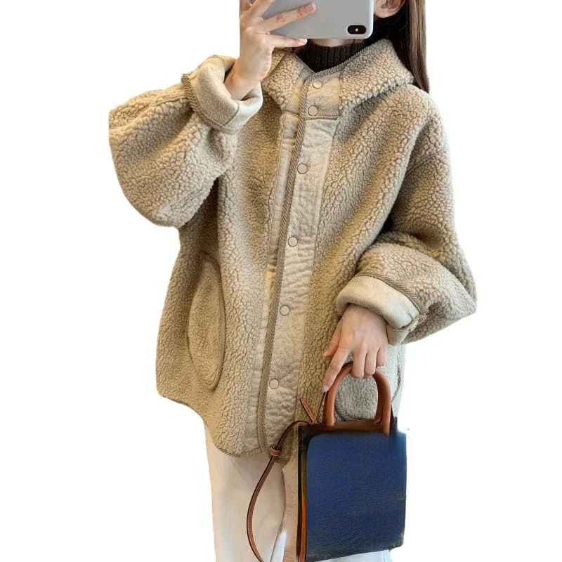 Осенне-зимняя лоскутная куртка с капюшоном из овечьей шерсти