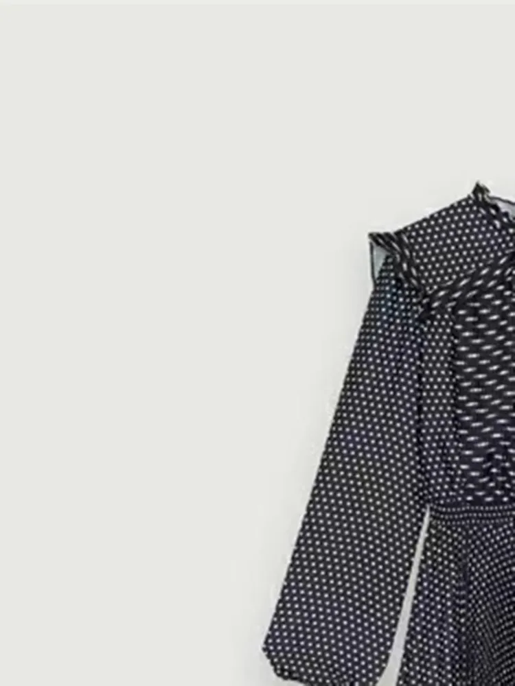

Women Mid Calf Dress V-neck Polka Dot Pleated Long Sleeve Elastic Waist Robe Slim Casual Spring