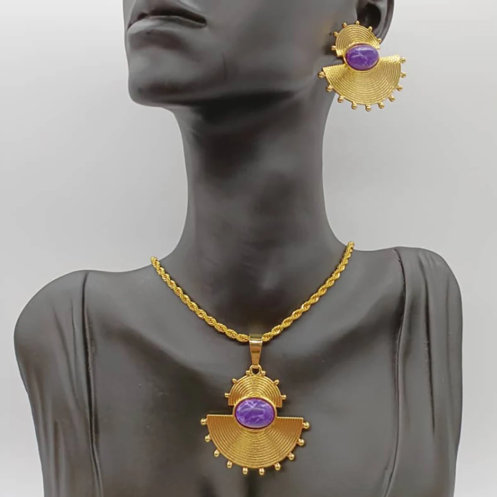 

Fashion Necklace Jewelry Set for Women Luxury Stone Design Earrings and Necklace 2Pcs Party African Dubai Gold Plated Jewellery