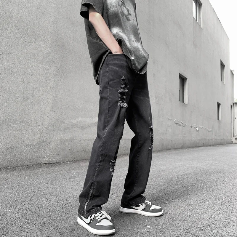 Summer Blue/Black Ripped Jeans Men Slim Fashion Casual Straight Jeans Men Streetwear Hip Hop Hole Denim Pants Mens Trousers