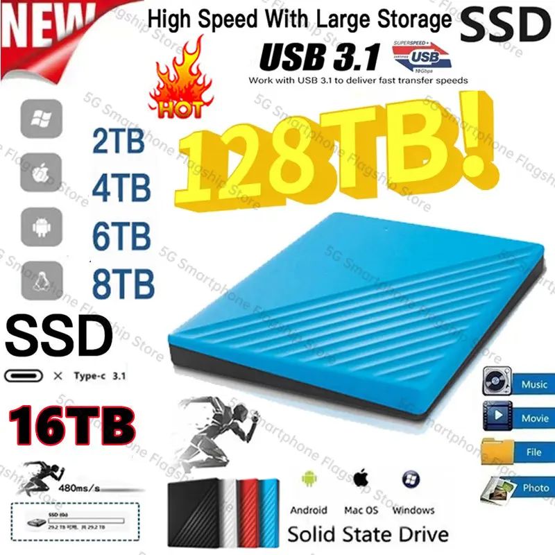 

256TB Original SSD Portable External Solid State Hard Drive 16TB 8TB 4TB USB3.0 Interface HDD Mobile Hard Drive For Laptop/mac