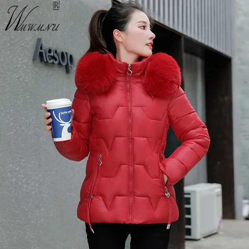 

Short Faux Fur Collar Slim Parkas Korean Hooded Winter Cotton Jackets Women Zip Up Fashion Crop Casaco Warm Snow Wear Outerwear