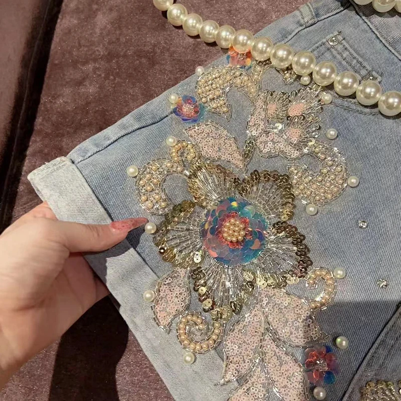 Korean Sweet Heavy Industry Beads Sequined Flower High Waist Denim Shorts Summer Shorts for Women's Loose Slimming Casual Shorts