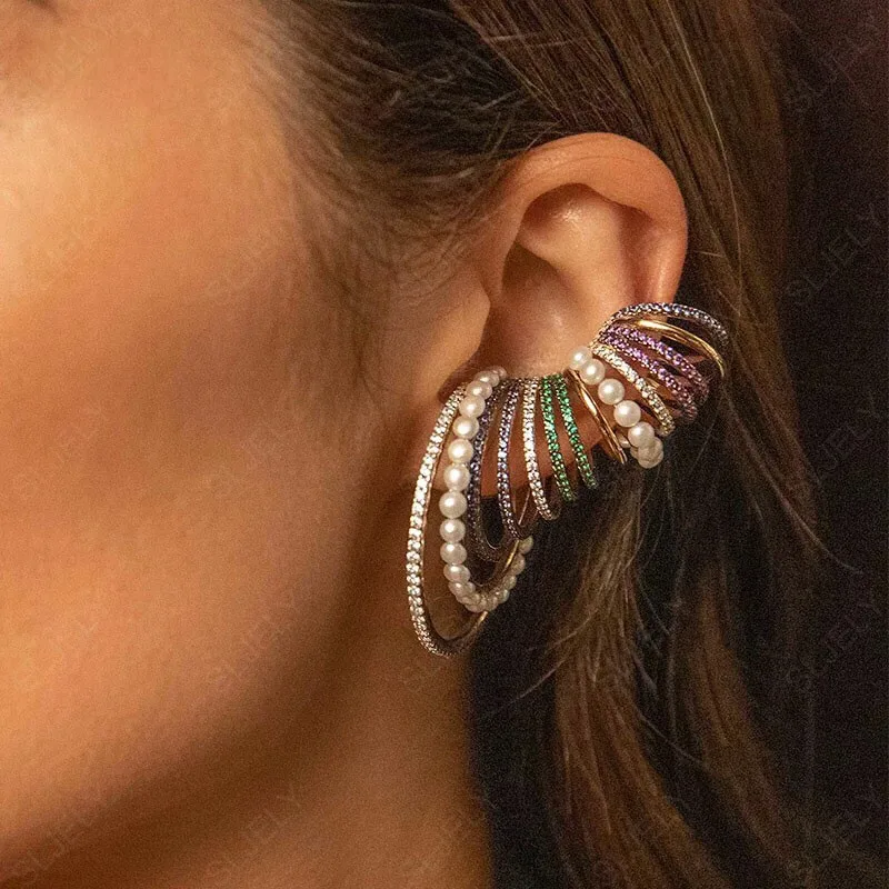 

1Pcs Brand New Luxury S Sterling Silver Big White Multi Hoop Ear Cuff with Pearls Zirconia Circles Clip Earring Women Jewelry
