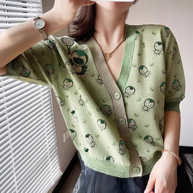 

High Quality Korean Style Summer New Cartoon Machine Cat Jacquard Slim V-Neck Knit Slim Fit Short Cardigan Top Women