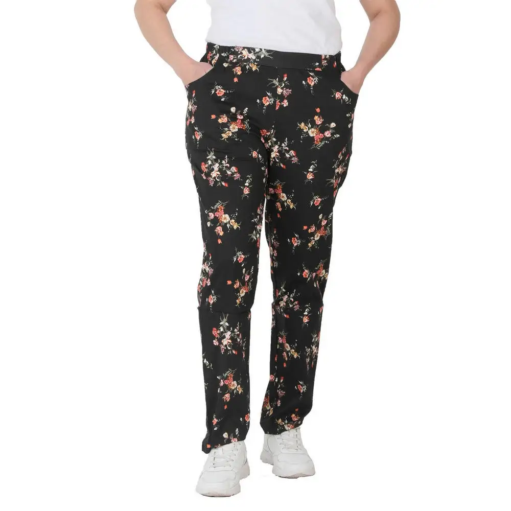 Fierte Women Large Size Pants CcLone Linen High Elastic Waist Straight Bell-Bottomed Sports Pocket Flower Pattern Summer Spring Slim Casual Black