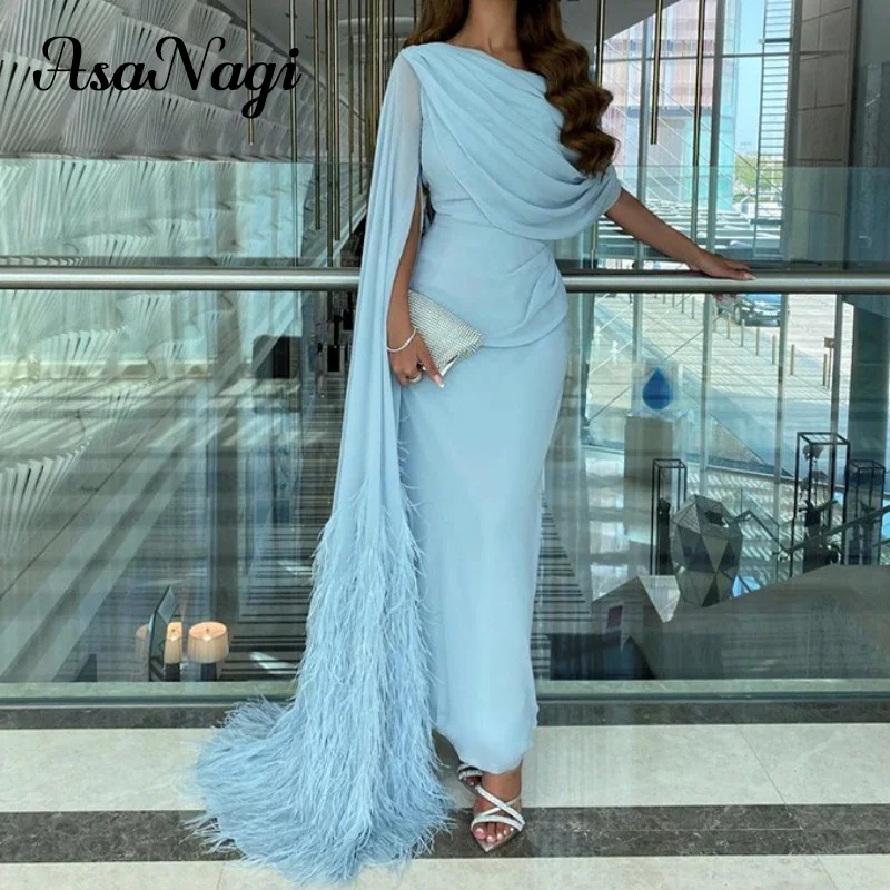 

AsaNagi Chiffon Sky Blue Evening Gown Women's Feather Prom Gowns O Neck Elegant Saudi Arabia 2024 New Formal Occasion Dresses