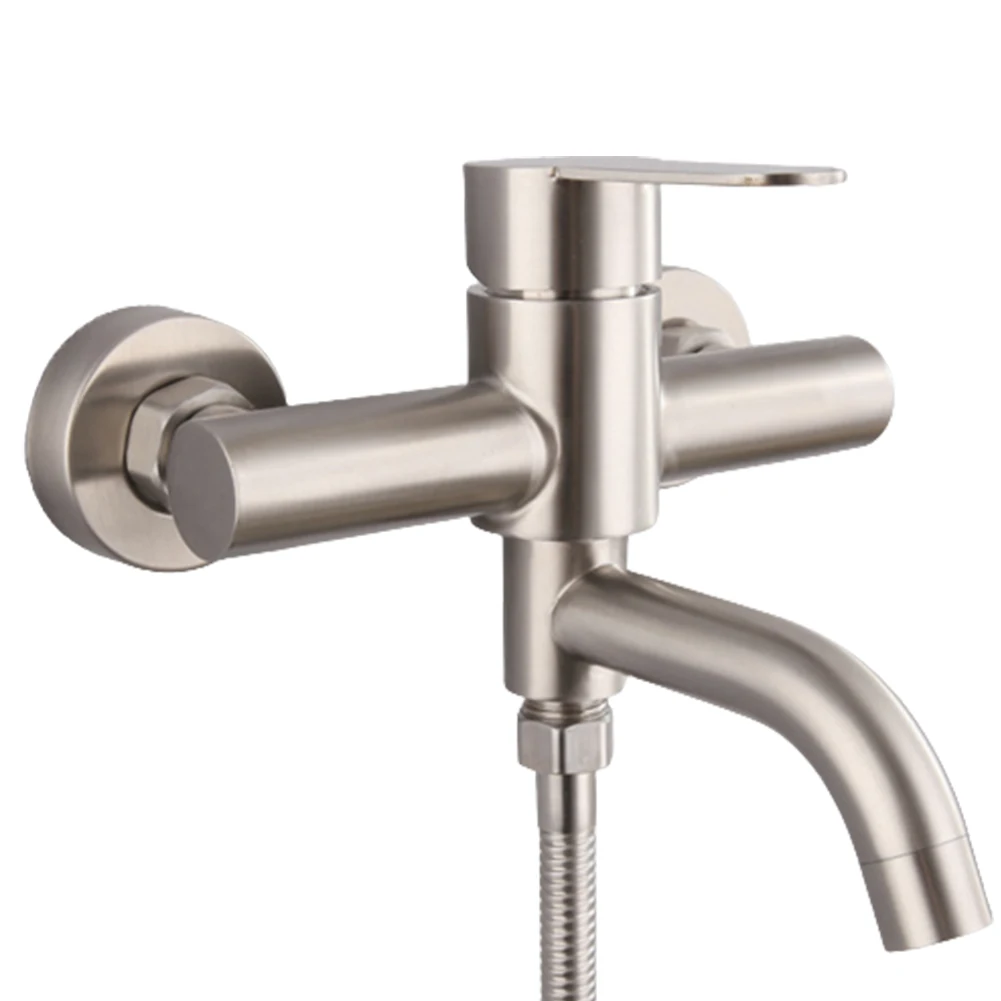 

1pc 304 Stainless Steel Wall Mount Double Holes Cold Hot Water Mixer Faucet Triple Valve Long Nozzle Tap Bathroom Hardware