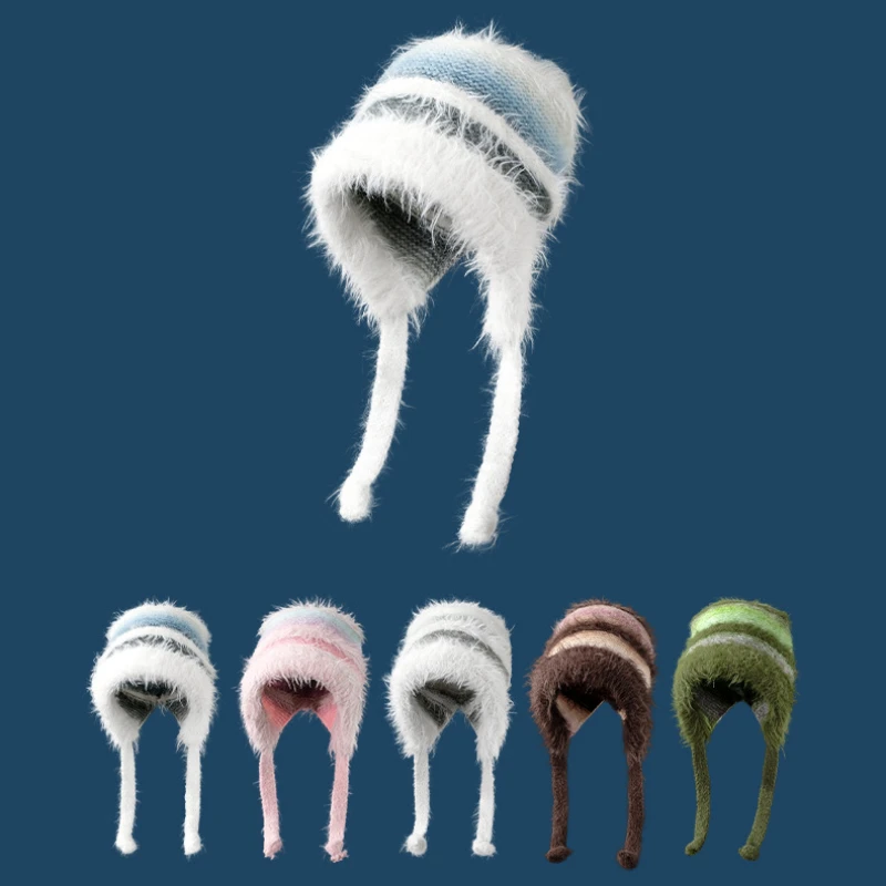 Роскошная вязаная крючком шапка Y2K Бонни Женская Полосатая Повседневная теплая с