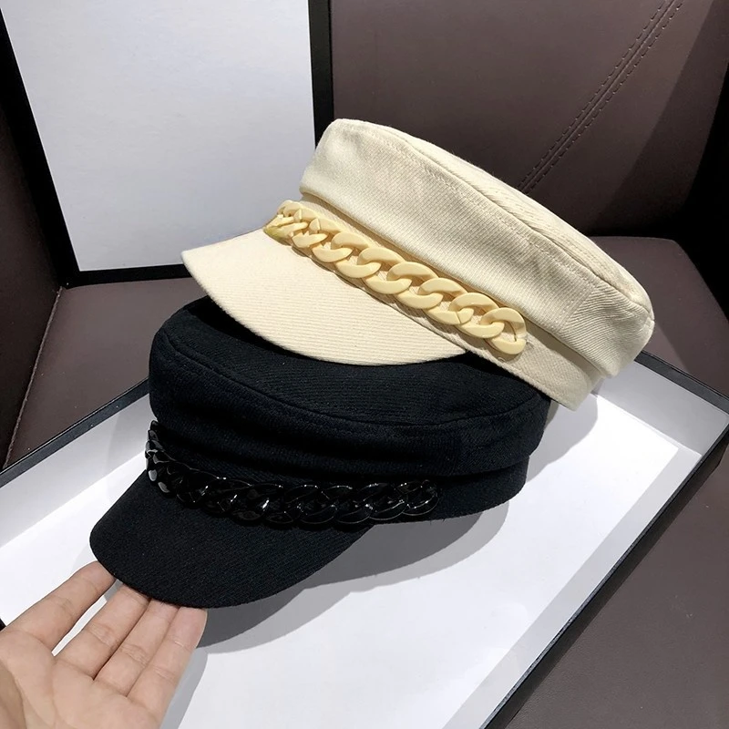 

Spring Summer Hats for Women British Retro Chain Cotton Flat Top Military Hat Fashion Trend Newsboy Hat Girl Painter Caps