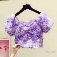 three dimensional purple flower blouse for women 2022 summer new square collar short puff sleeve midriff baring shirt female top