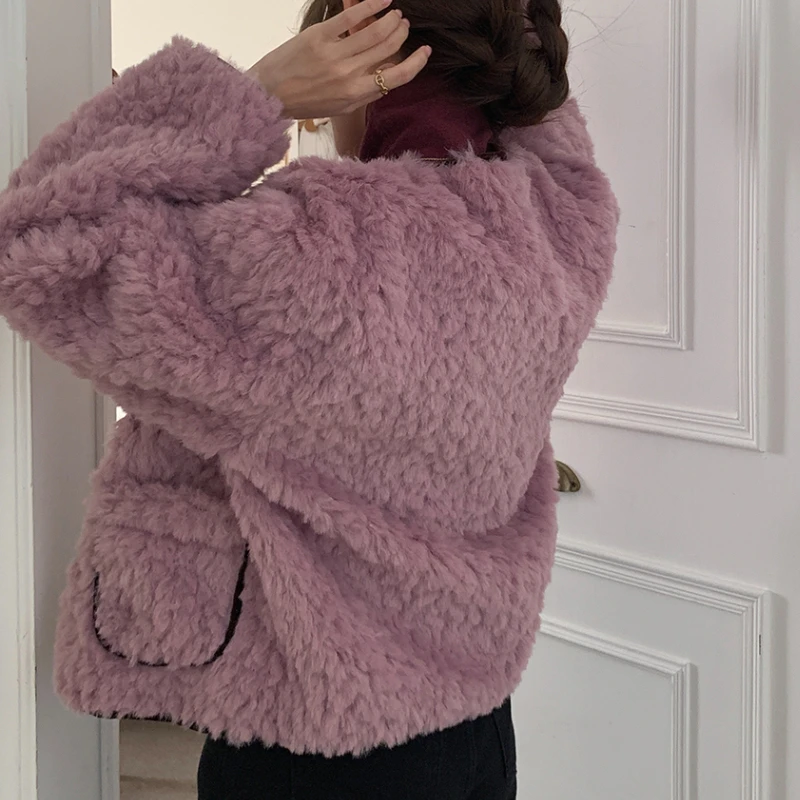 Korean Fashion Loose Fluffy Quilted Coats Female O Neck Long Sleeve Thickened Woman Coat Pocket Sweet Top Women Dropshipping