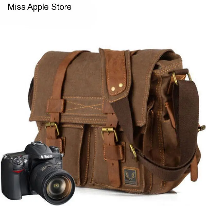 waterproof Camera Bag liner SLR Vintage Canvas splicing real leather bag Single Shoulder Messenger Bag casual photography