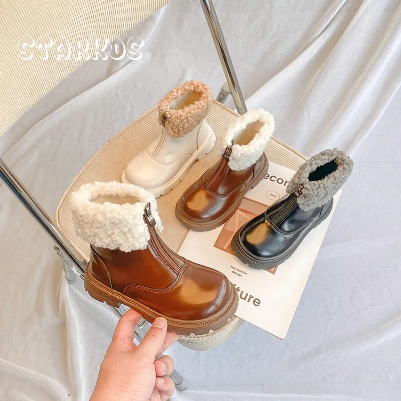 Fur Shearing Lined Flat Boots Girls Fashion Brown Leatherette Winter Shoes Kids Front Zipper Dress Ankle Botins with Lug Sole
