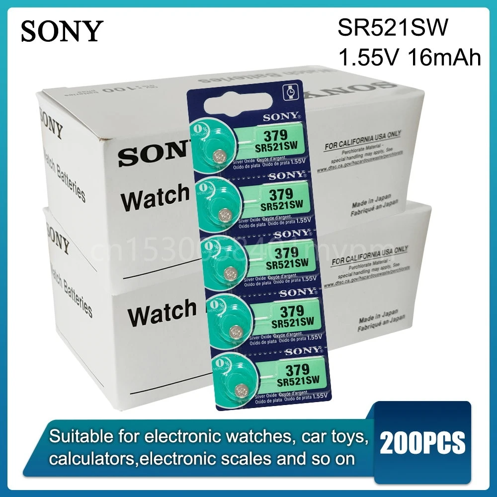 

200PCS Sony 379 SR521SW 1.55V Silver Oxide Battery AG0 LR69 D379 SR63 V379 for Watch Toys Remote Button Cell Coin MADE IN JAPAN