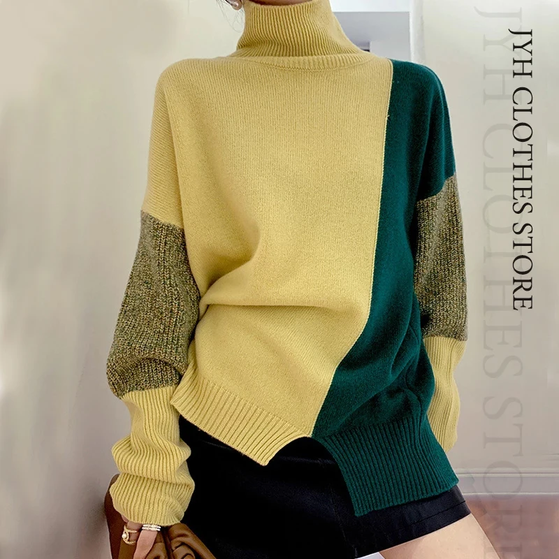 

2022 Autumn Winter Loose Color Contrast Pullover Basic Warm Sweater for Women Soft Kniited O Neck Sweater Women Pull Outwear