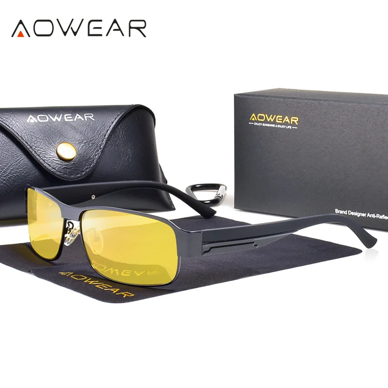 AOWEAR HD Polarized Night Vision Driver Glasses Men Retro Yellow Safety Night Driving Goggles Sunglasses for Bad Weather Gafas