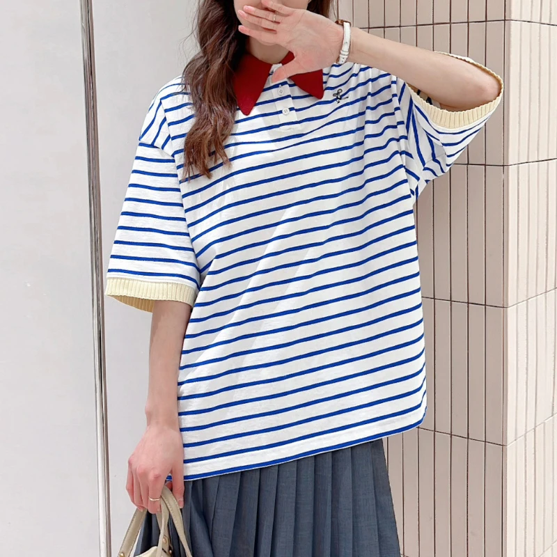 

2023 New Contrast Color Lapel Casual Striped Loose Women T-shirt