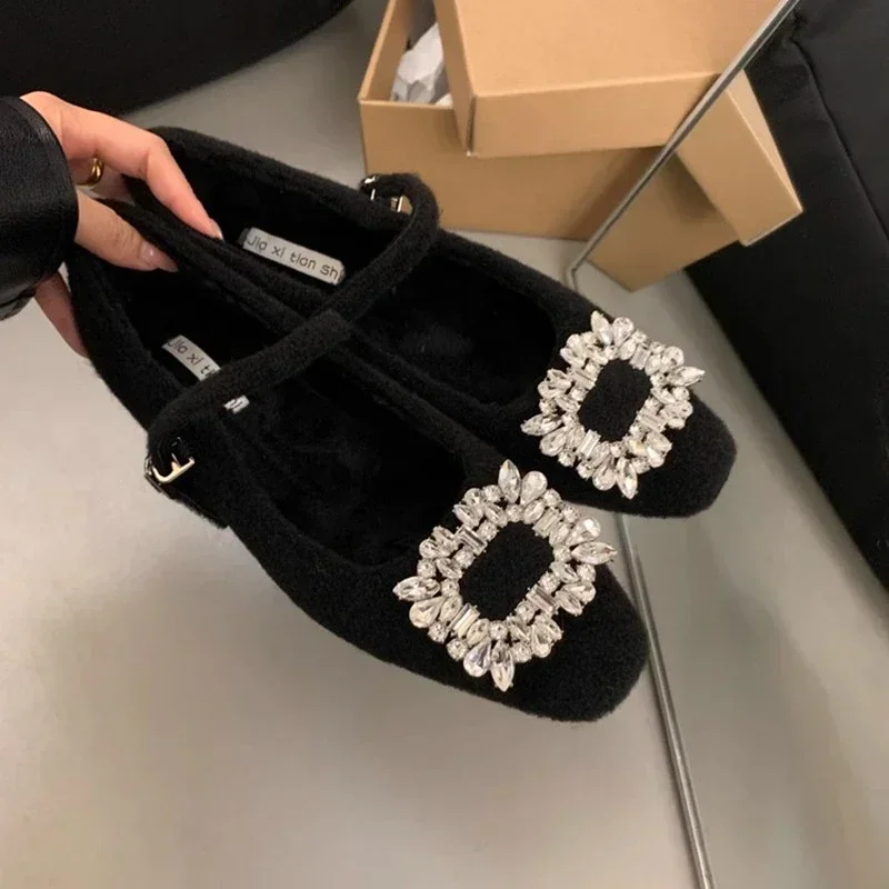 2025Женская хлопковая обувь на толстом каблуке новая зимняя с квадратной головкой