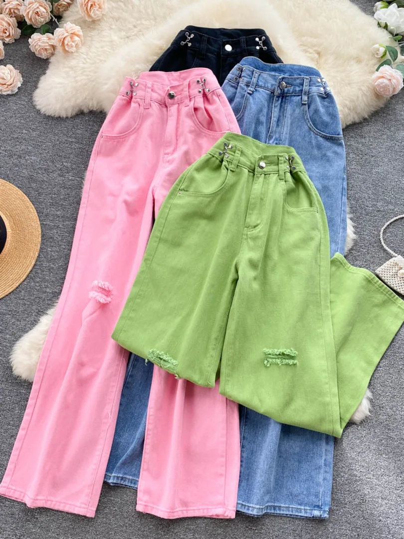 

Fashion Women Denim Pants Korean Elegant Solid High Waist Straight Leg Holes Full Length Jeans Trousers Casual Street